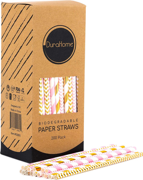 Paper Straws 200 Pack, Biodegradable Gold and Pink Striped Design, 8.25" for Parties
