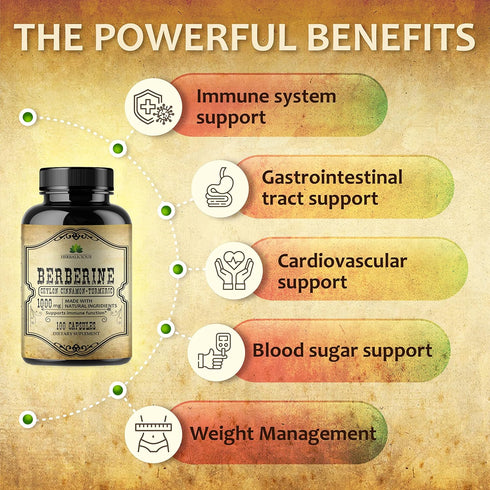 Berberine Capsules with Ceylon Cinnamon & Turmeric, Non GMO Dietary Supplement for Immune Support, 1000mg