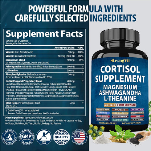 StrongVit Cortisol Supplements for Women and Men with Magnesium, Ashwagandha & L-Theanine. High Cortisol Reducer