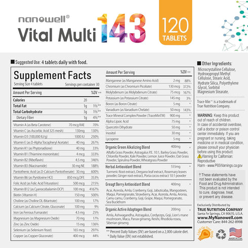 Vital Multi 143 - 120 Tablets - Multivitamin & Multimineral Supplement with 20 Vitamins and 72 Minerals, 30 Day Supply