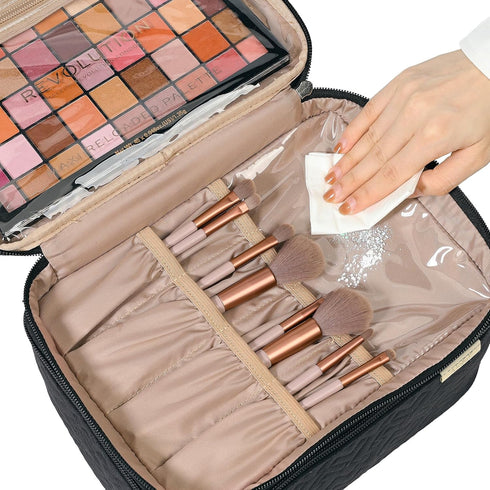 NISHEL Large Double Layer Travel Makeup Bag, Organizer for Travel-Size Accessories, Bottles, Brushes, Black