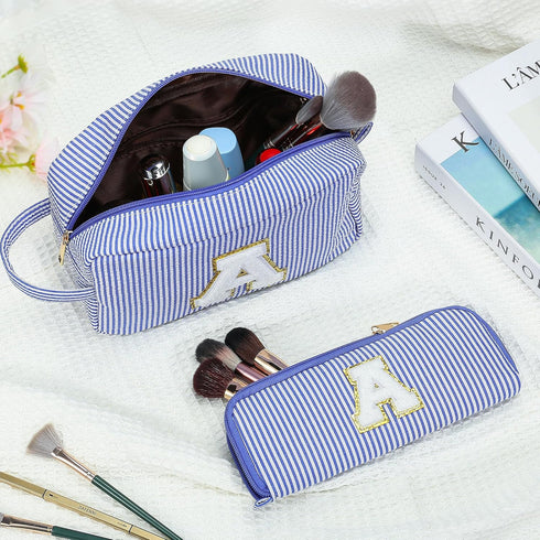 Makeup Bag for Women, Monogram Cute Initial Blue Cosmetic Toiletry Pouch, Personalized Birthday Gifts