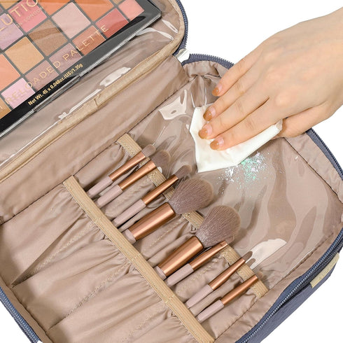 NISHEL Large Double Layer Travel Makeup Bag, Aegean-Blue Cosmetic Case for Travel-Size Accessories, Bottles, Brushes