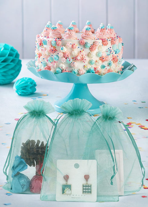 100PCS Teal Sheer Organza Bags 5''X7'', Drawstring Jewelry Gift Bags for Baby Shower Wedding Party Favor Pouch Goodie