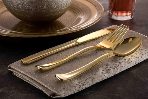 200 Gold Plastic Silverware Set, Heavy Duty Disposable Cutlery - 100 Forks, 50 Spoons, 50 Knives for Party Bulk