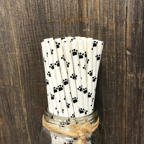 Dog Theme Paw Print Paper Drinking Straws, Black White, 7.75 inches, 50 Pack - Outside The Box Papers Brand