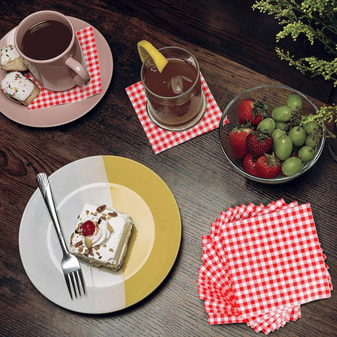 Gatherfun 80PCS Cocktail Napkins, 3-ply Red and White Gingham, Disposable Paper Beverage Napkins for Party, Bar, Picnic