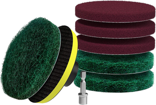 SCRUBIT Heavy Duty Drill Brush Power Scouring Pads, Household Cleaning Kit Includes Drill Attachment, 3 Red, 3 Stiff