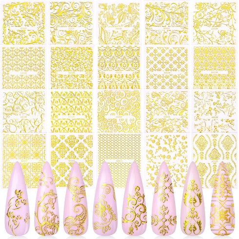 KISSBUTY Metallic Flowers & Vine Nail Decals, 20 Sheets 3D Flower Lace Adhesive Stickers, Gold Floral Nail Decor