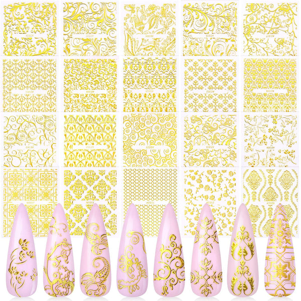 KISSBUTY Metallic Flowers & Vine Nail Decals, 20 Sheets 3D Flower Lace Adhesive Stickers, Gold Floral Nail Decor