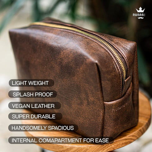 RUBAB MEN Premium Vegan Leather Toiletry Bag - Waterproof Grooming Travel Pouch for Men, Tan Shade