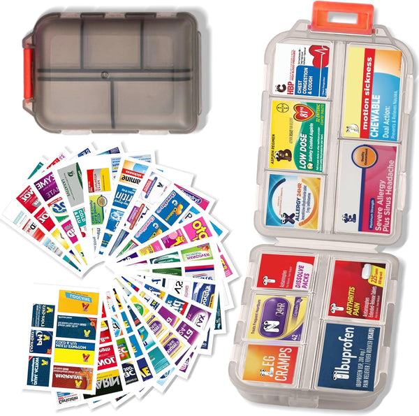 Travel Pill Organizer with Medicine Labels, Mini 7 Day Pill Case, Grey with 161 Labels for Daily Essentials