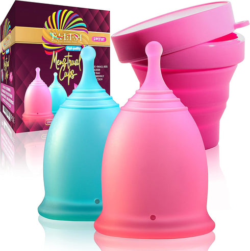 Talisi Menstrual Cups, Set of 2 with Collapsible Silicone Sterilizing Cup for Regular Heavy Flow
