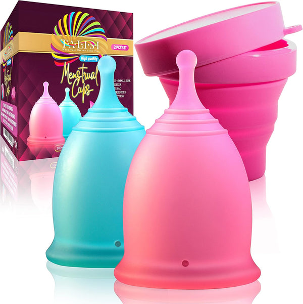 Talisi Menstrual Cups, Set of 2 with Collapsible Silicone Sterilizing Cup for Regular Heavy Flow