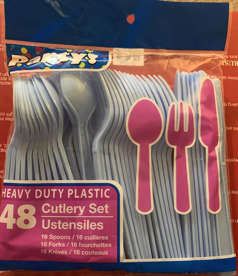 Party! Plastic Utensils, Light Blue, 48 Count Packs (16 Forks, 16 Spoons & 16 Knives) by Party!
