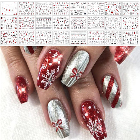 TailaiMei 24 Sheets 3D Christmas Nail Art Stickers Decals, Self-Adhesive Glitter Nail Decorations for Santa Claus