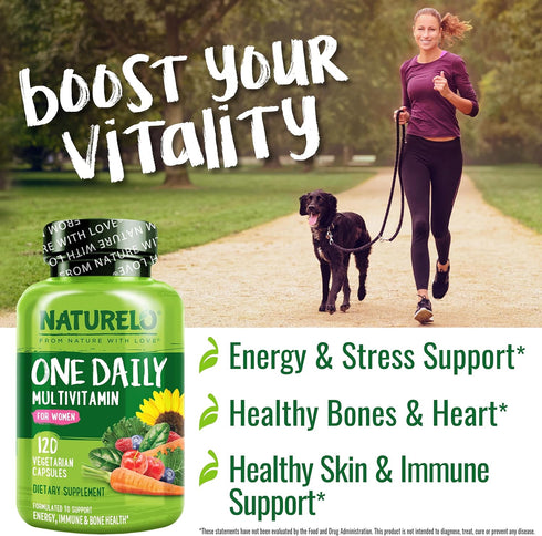 NATURELO One Daily Multivitamin for Women - Energy Support, Whole Food Supplement, 120 Capsules, Non-GMO