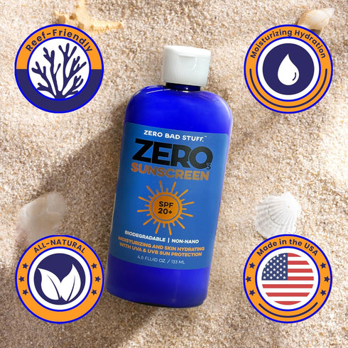 ZERO Natural Sunscreen SPF 20 - UVA/UVB Sunblock for Sport & Daily Use, Coral-Reef Friendly, 4.5oz