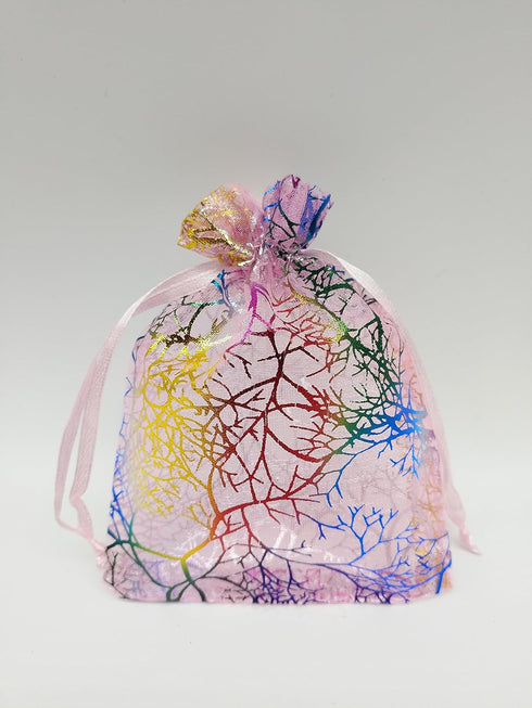 100pcs Sheer Organza Favor Bags, Rattan Print Gift Bags, Drawstring Pouches for Wedding Baby Shower (3x4 inch, coral