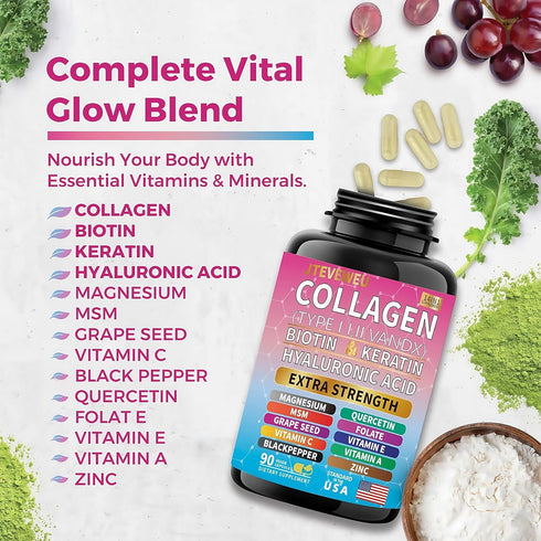 JTEVEweu 13+ 90 Collagen Supplement - Type I, II, III, V and X - with Biotin, Keratin, Hyaluronic Acid & Extra Strength