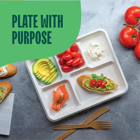 100% Compostable Disposable Paper Plates - 5 Compartment, 125-Pack, Heavy Duty Biodegradable Bagasse Sectional Lunch