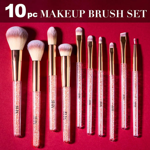 Expressions 10pc Pro Makeup Brush Set w/Sparkling Gemstones in Rose Gold - 10 Quality Soft Bristle Makeup Brushes For Everyday Use - Professional Makeup Brushes & Tool