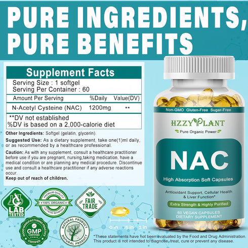 HZZYPLANT Immune, 1200mg 2 NAC Supplement - NAC Softgels for Antioxidant, Respiratory, Liver Health Support - High
