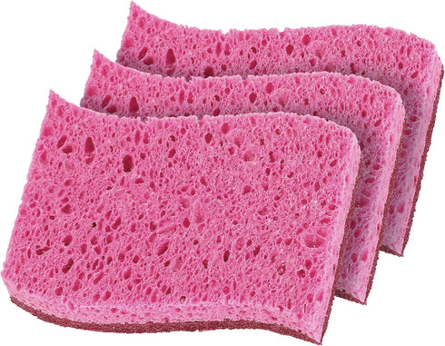 Superio Non-Scratch Cellulose Kitchen Scrub Sponges with Scouring Pad Set, Pack of 3, Red/Pink