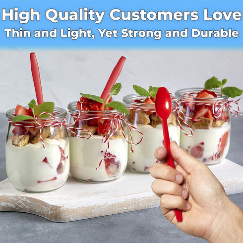 Extra Long Red 8in Premium Sundae Spoons - 50ct Heavy Duty Disposable Plastic Utensils for Ice Cream