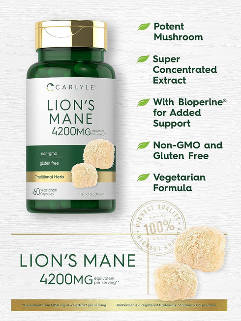 Carlyle Lions Mane Supplement Capsules | 4200mg | 60 Count | Vegetarian, Non-GMO, Gluten Free