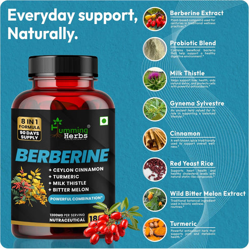 Humming 1300 8in1 180 Herbs Berberine Supplement Mg Formula with Ceylon Cinnamon, Milk Thistle, Curcumin, Bitter Melon