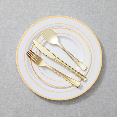 N9R 100PCS Gold Plastic Silverware Set, Disposable Cutlery - 50 Forks, 25 Spoons, 25 Knives