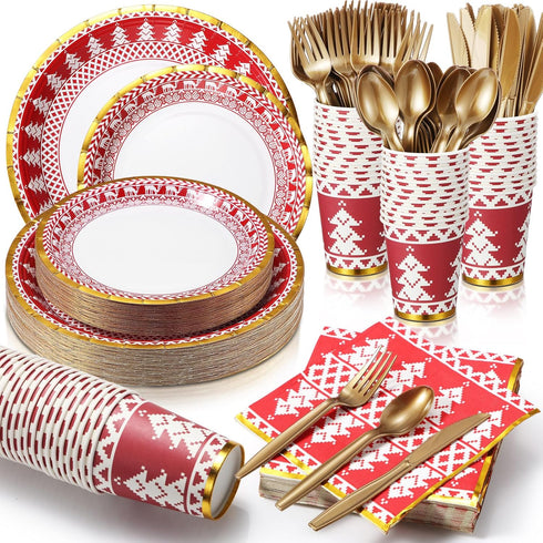 200 Pcs Christmas Dinnerware Set for 25 Guests, Red and White Paper Plates, Napkins, Gold Tableware Kits, Cups, Forks,