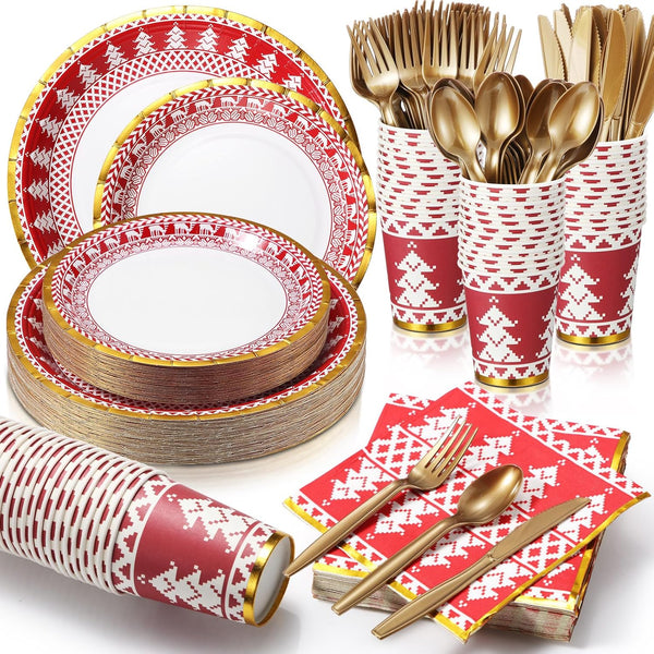 200 Pcs Christmas Dinnerware Set for 25 Guests, Red and White Paper Plates, Napkins, Gold Tableware Kits, Cups, Forks,