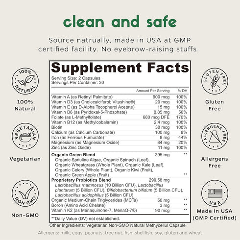 Zenkgo Women's Vitamins + Probiotics 25B CFU + Organic Whole Foods, Supports Immunity, Digestion, Energy, Daily Vitamins A, E, B6, B12, Vegan D3, K2 (MK-7), Folate, Minerals, Superfoods(60Ct/30Day)