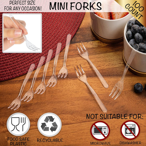 LORESO Clear Mini Plastic Forks - Tasting Mini Forks 100CT, 3.8 Inches, BPA Free, Reusable for Fruit and Dessert