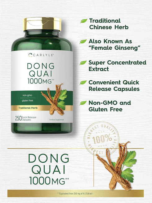 Carlyle Dong Quai Capsules | 1000mg | 250 Count | Non-GMO, Gluten Free Traditional Herb Supplement