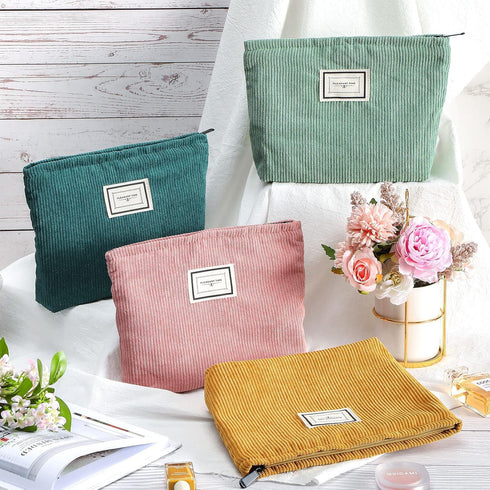 Sanwuta 4 Pack Velvet Cosmetic Bag, Large Capacity Corduroy Pouch, Zipper Canvas Makeup Bags, Travel Toiletry Organizer