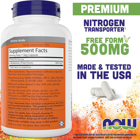 Now L-Glutamine 500mg - 300 Veg Capsules (Pack of 2), Non-GMO Vegan Supplement