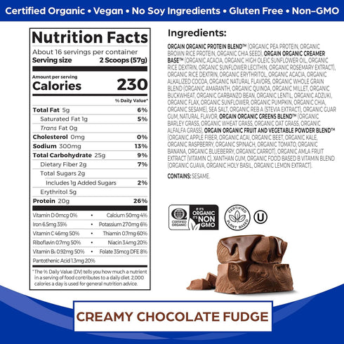 Orgain Organic Meal Replacement Protein Powder, Creamy Chocolate Fudge, 20g Plant-Based Protein, 2.01lb