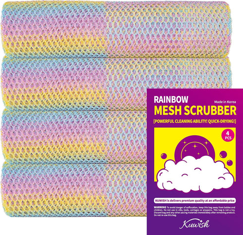 Rainbow Mesh Scrubber Set - 4 Pack Multi-Color Non-Scratch Cleansing Sponges for Kitchen, Bathroom, Home Cleaning