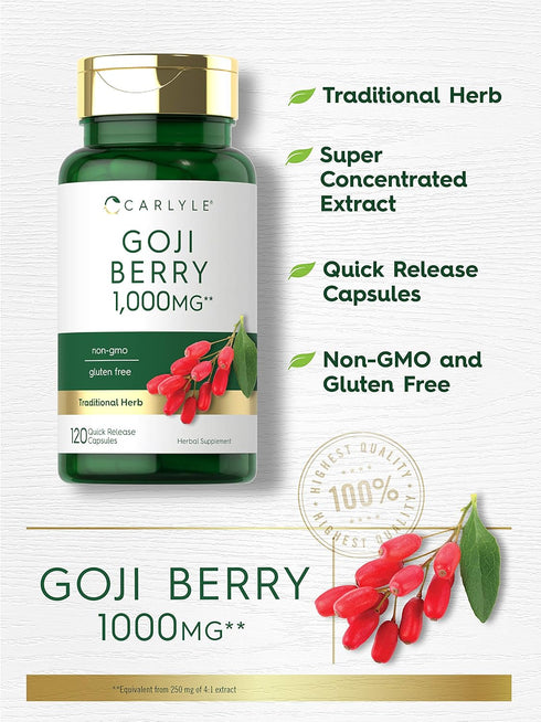 Carlyle Goji Berry 1000mg | 120 Capsules | Non-GMO, Gluten Free | Concentrated Extract from Wolfberry Plant