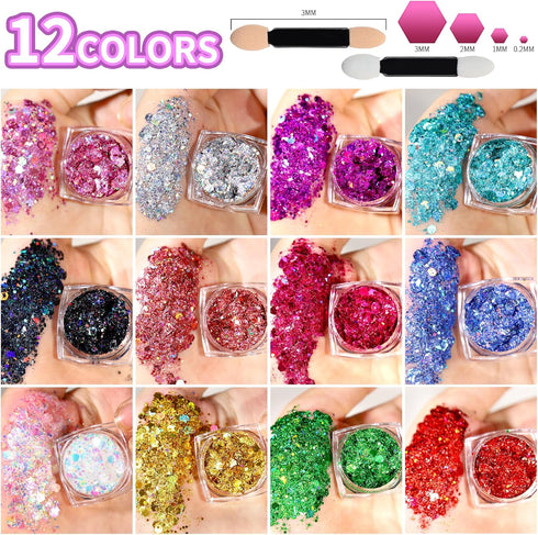 Teenitor Body Glitter Face Glitter Makeup, 12 Colors Face and Body Glitter Gel for Hair and Makeup