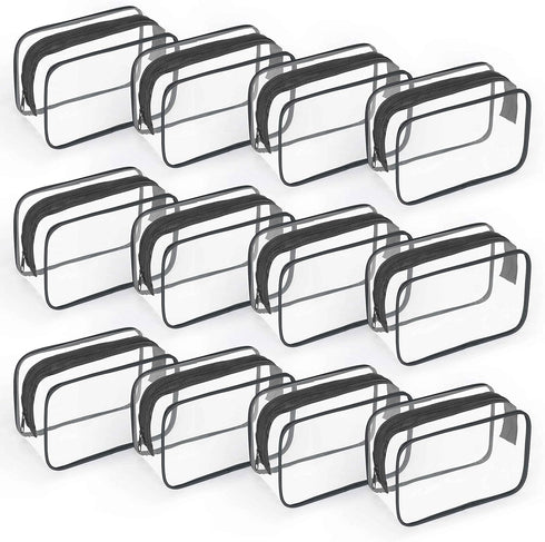 12 PCS Clear Toiletry Bag for Women and Men, Transparent TSA Approved Cosmetic Organizer Pouch (Black, Small)