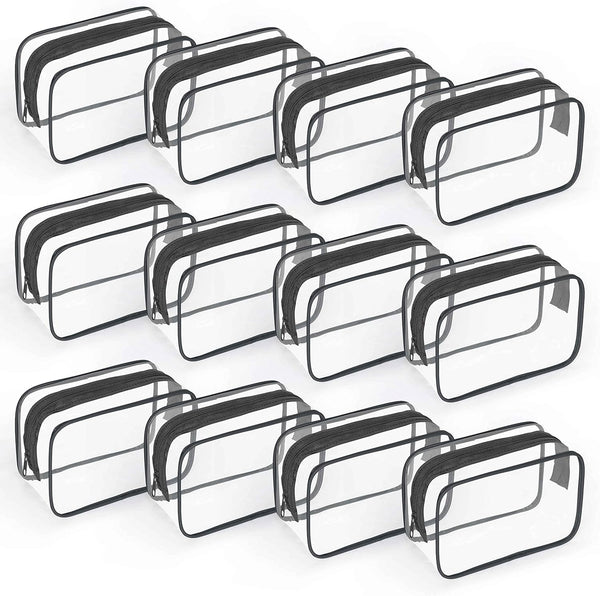 12 PCS Clear Toiletry Bag for Women and Men, Transparent TSA Approved Cosmetic Organizer Pouch (Black, Small)