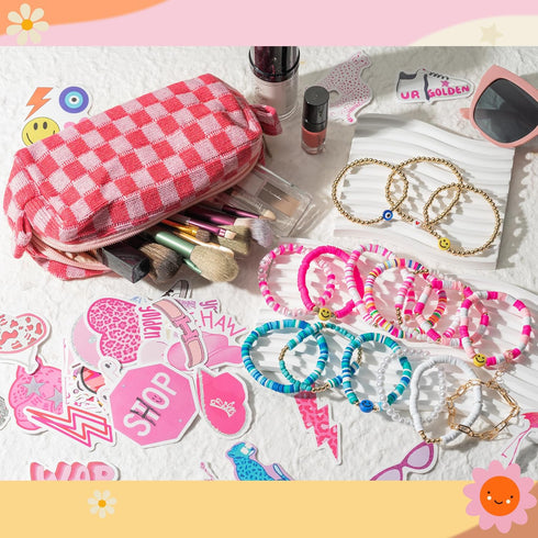 LieToi 67 Pcs Pink Checkered Cosmetic Bag Set, Knitted Toiletry Makeup Bags and Preppy Style Bracelets