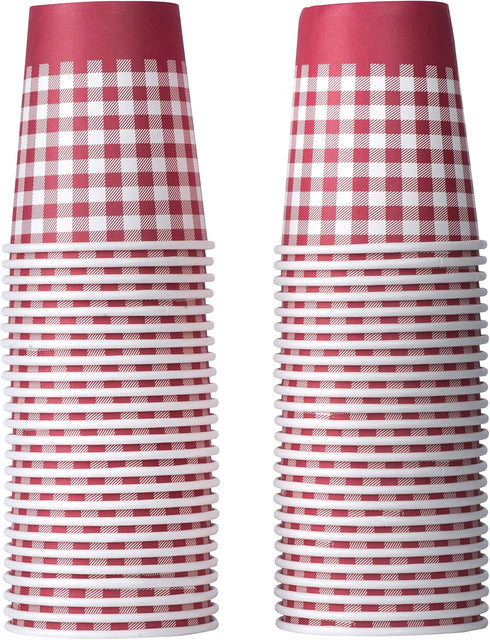 Hammont Picnic Cups – 9 oz Gingham BBQ Party Supplies - Red & White Checkered Disposable Paper Cups (50 Pack)