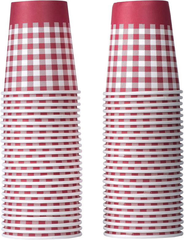 Hammont Picnic Cups – 9 oz Gingham BBQ Party Supplies - Red & White Checkered Disposable Paper Cups (50 Pack)