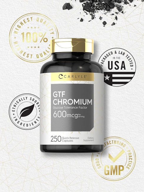 Carlyle GTF Chromium 600 mcg | 250 Non-GMO Capsules | Gluten Free Supplement