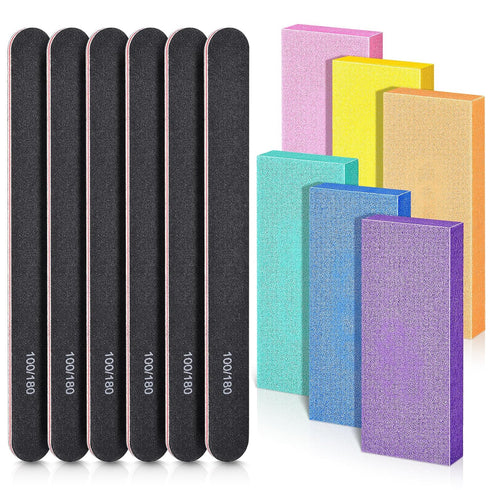 TsMADDTs Nail Care Tools Kit - 6PCS Rectangular Buffers & 6PCS Black 100/180 Grit Nail Files for Women